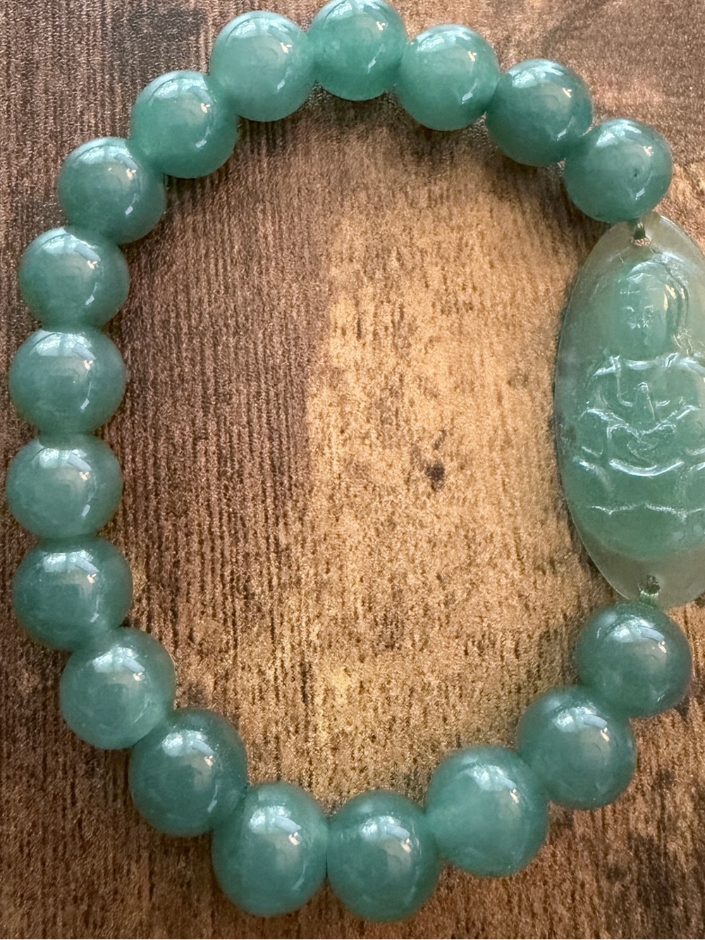 Green Jade Beaded Stretch Bracelet with Carved Pendant